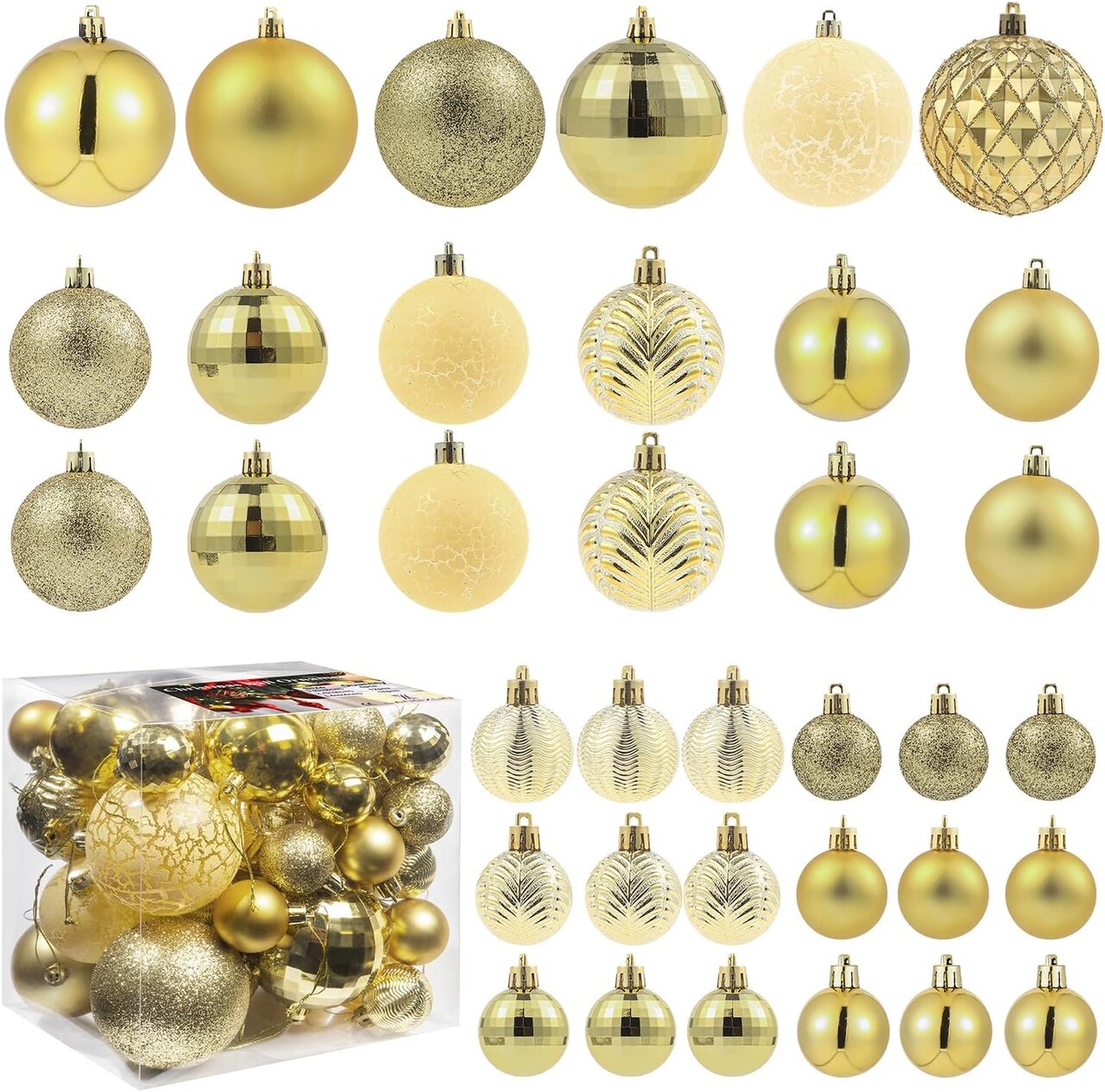 36pcs gold shatterproof Christmas tree balls for indoor/outdoor decor and events.